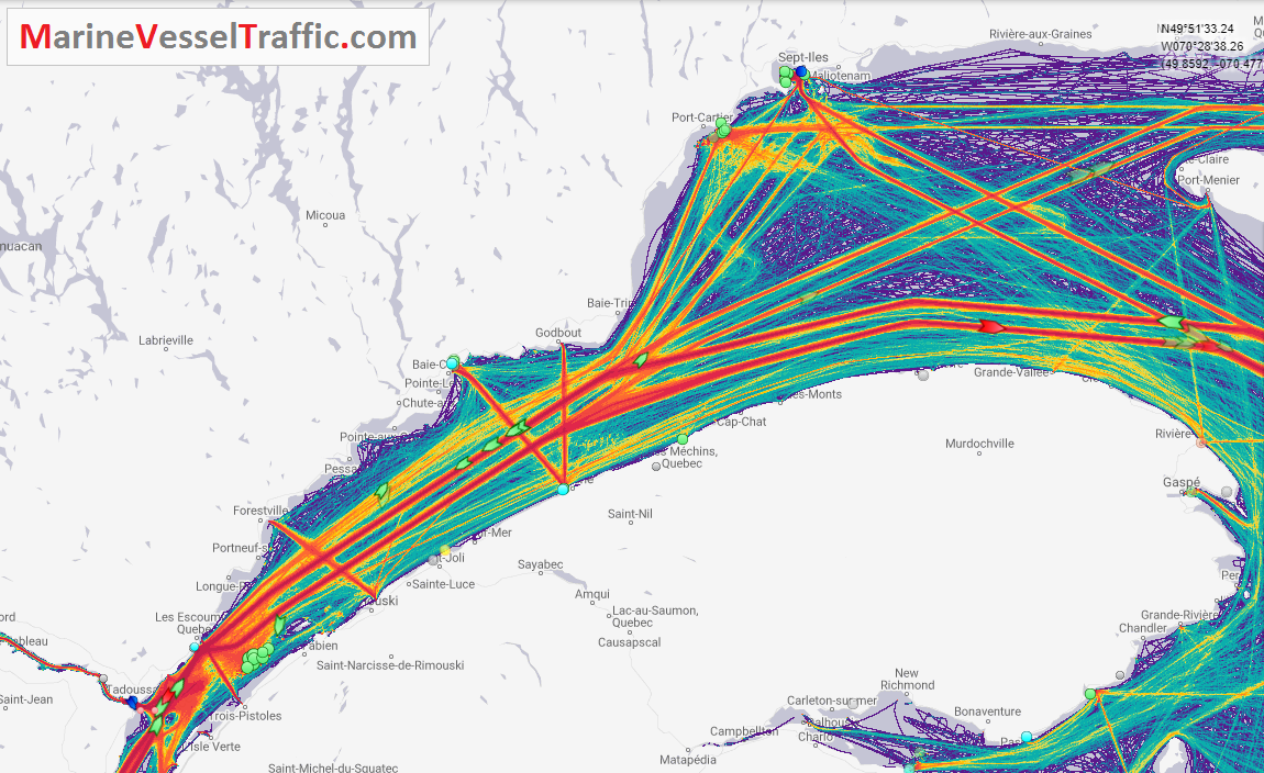 Live Marine Traffic, Density Map and Current Position of ships in ST. LAWRENCE RIVER CHANNEL